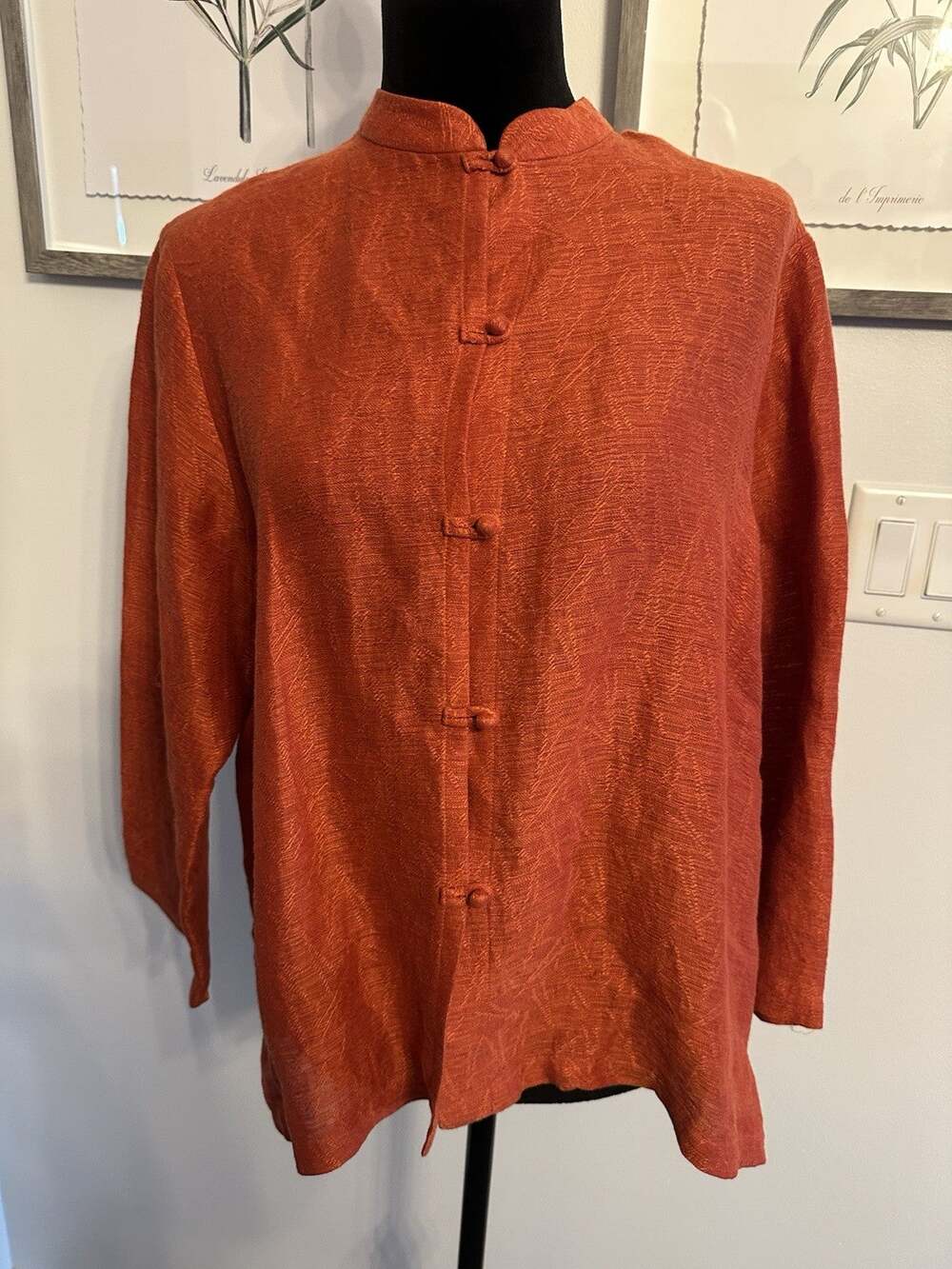 Eileen Fisher Burnt Orange Silk Linen Floral Asian Imperial Shirt Jacket Large